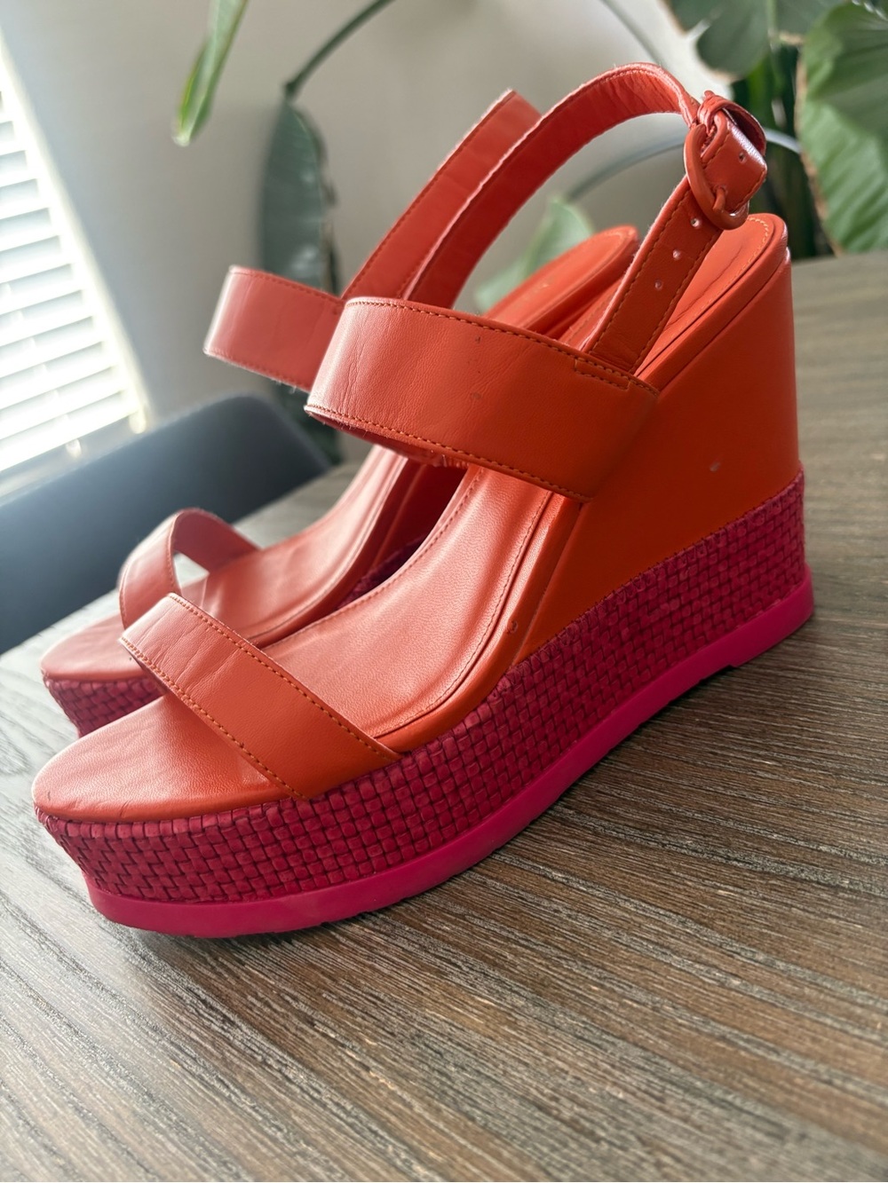 Bold Orange and Pink Wedge Sandals with Ankle Strap